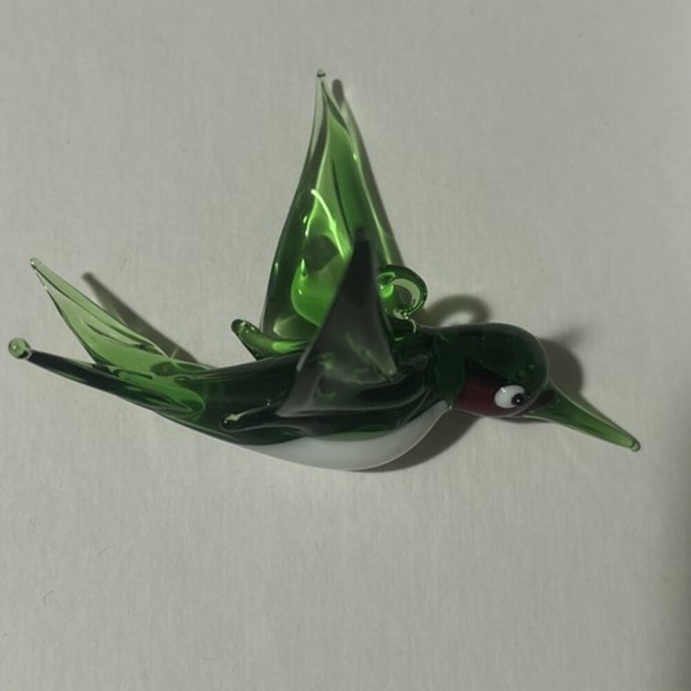 Hummingbird Blown Glass , Green, White Belly, and Red Throat, Loop to Hang